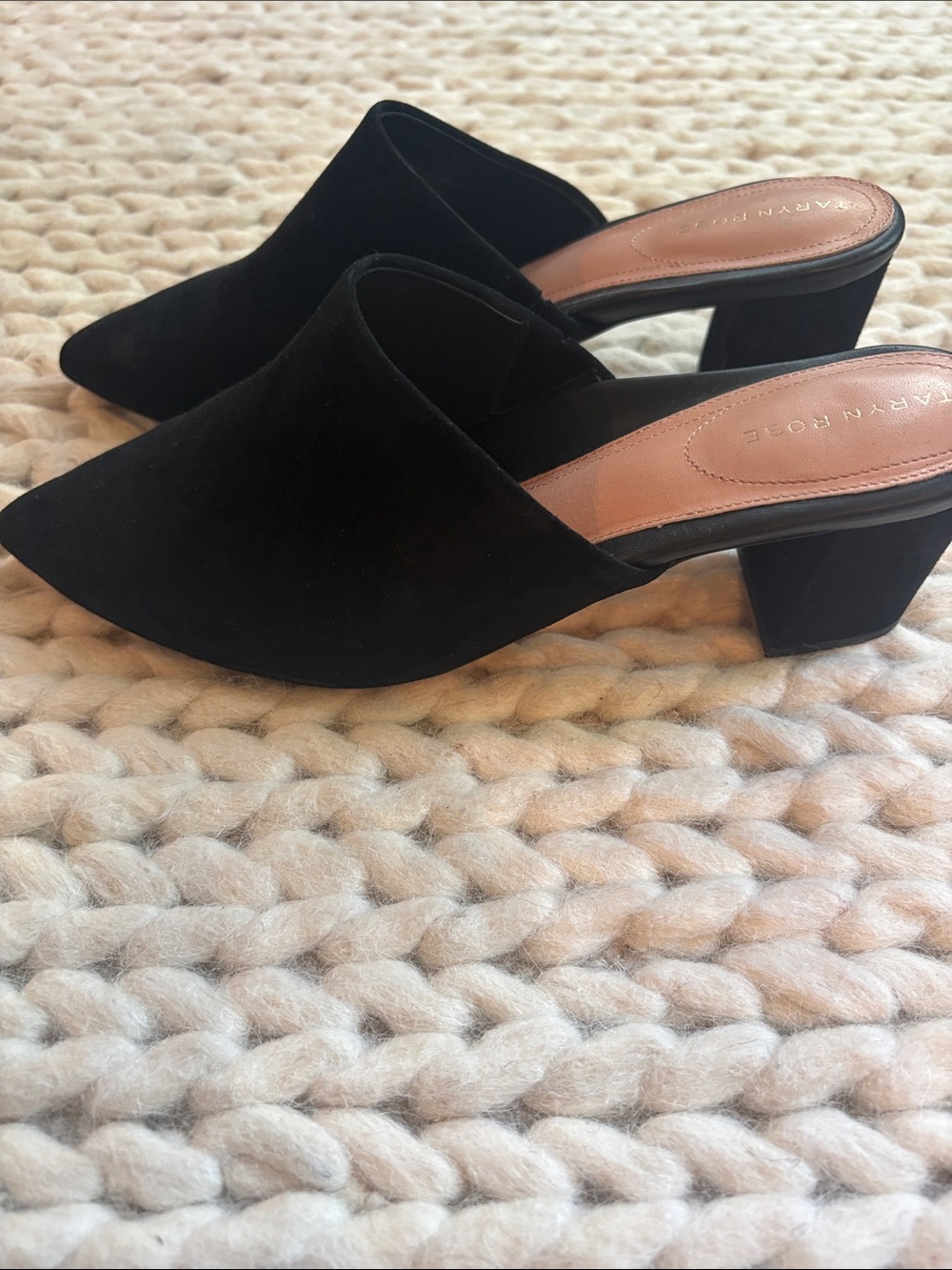 Taryn Rose Black Suede Pointed Mule Heels